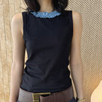 Sleeveless Cotton Blend Tank Top Ruffle Neck Slim Fit Soft Casual Basic Top