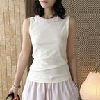 Sleeveless Cotton Blend Tank Top Ruffle Neck Slim Fit Soft Casual Basic Top