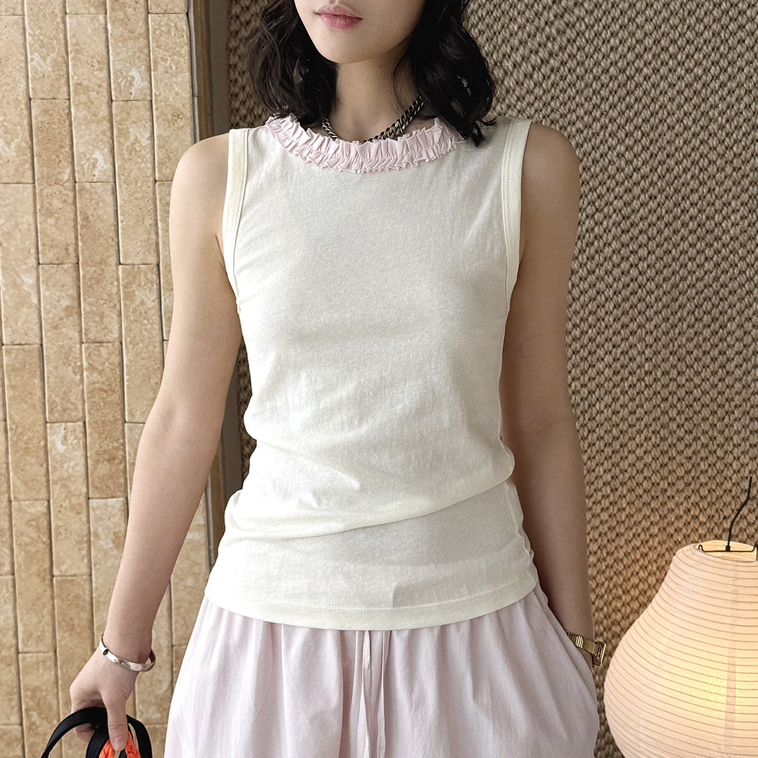 Sleeveless Cotton Blend Tank Top Ruffle Neck Slim Fit Soft Casual Basic Top