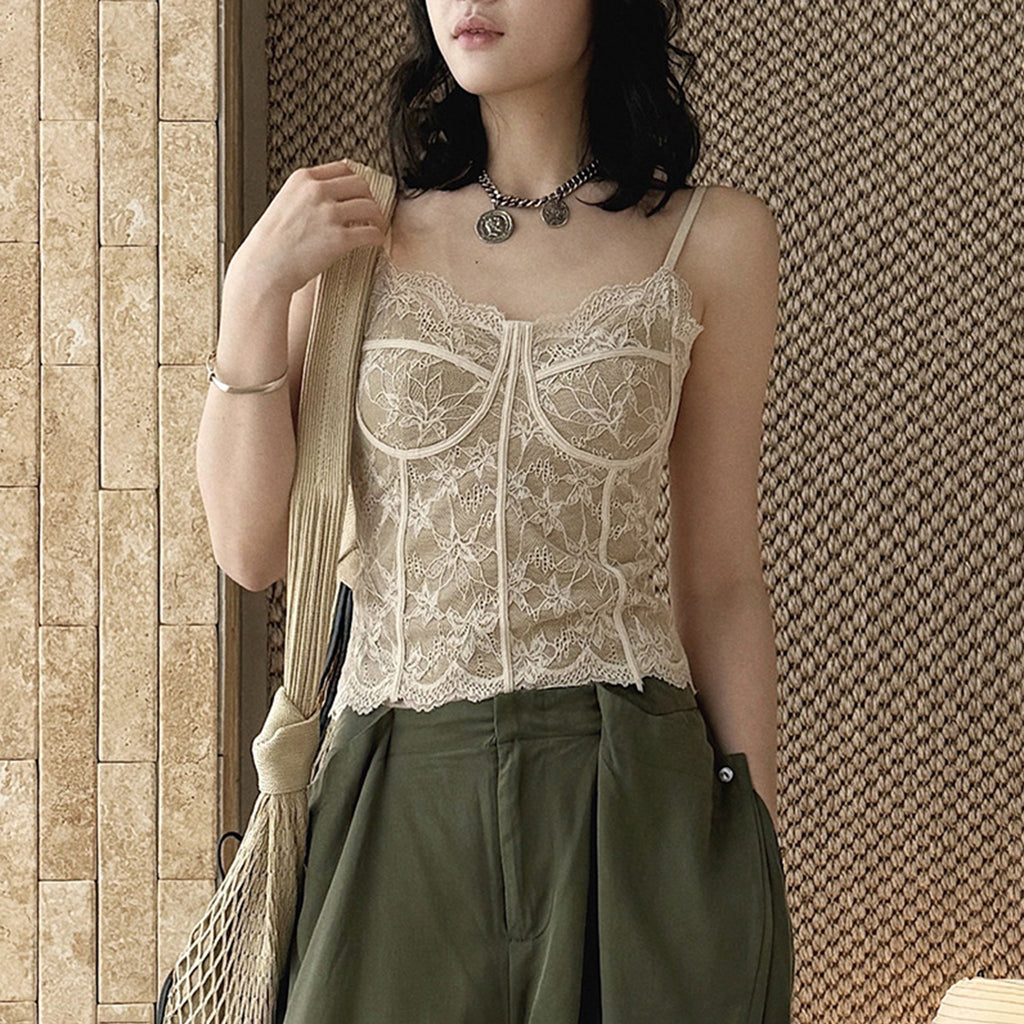 Lace cami top women slim fit corset style spaghetti strap sexy tank top