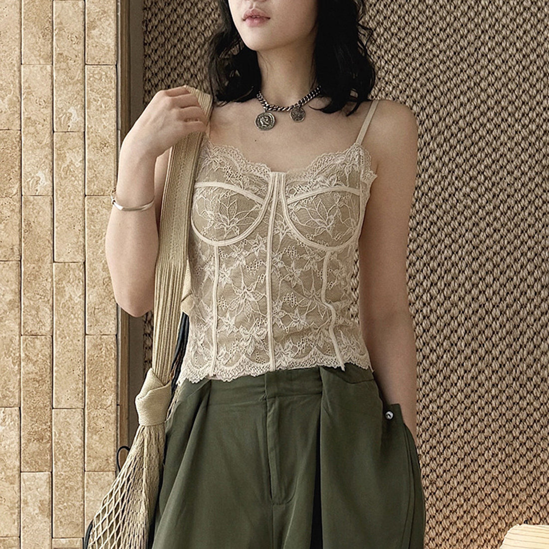 Lace cami top women slim fit corset style spaghetti strap sexy tank top