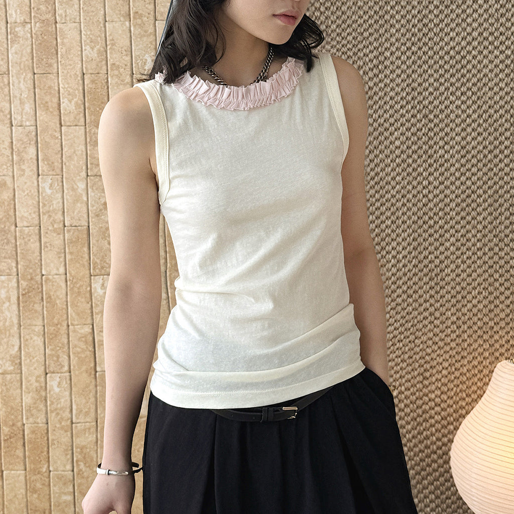 Sleeveless Cotton Blend Tank Top Ruffle Neck Slim Fit Soft Casual Basic Top