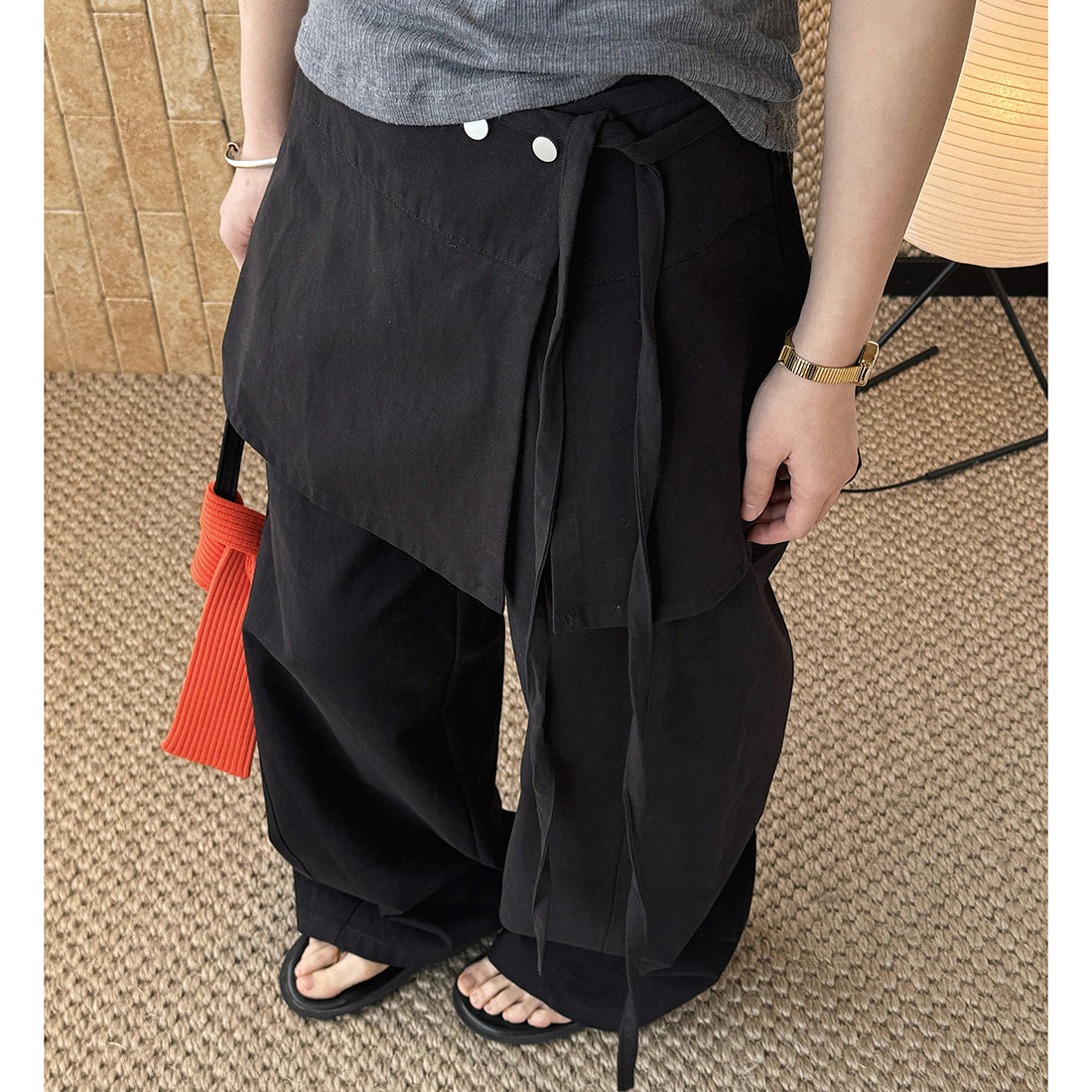 layered wrap pants high waist wide leg cotton loose trousers skirt overlay pants