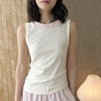Sleeveless Cotton Blend Tank Top Ruffle Neck Slim Fit Soft Casual Basic Top