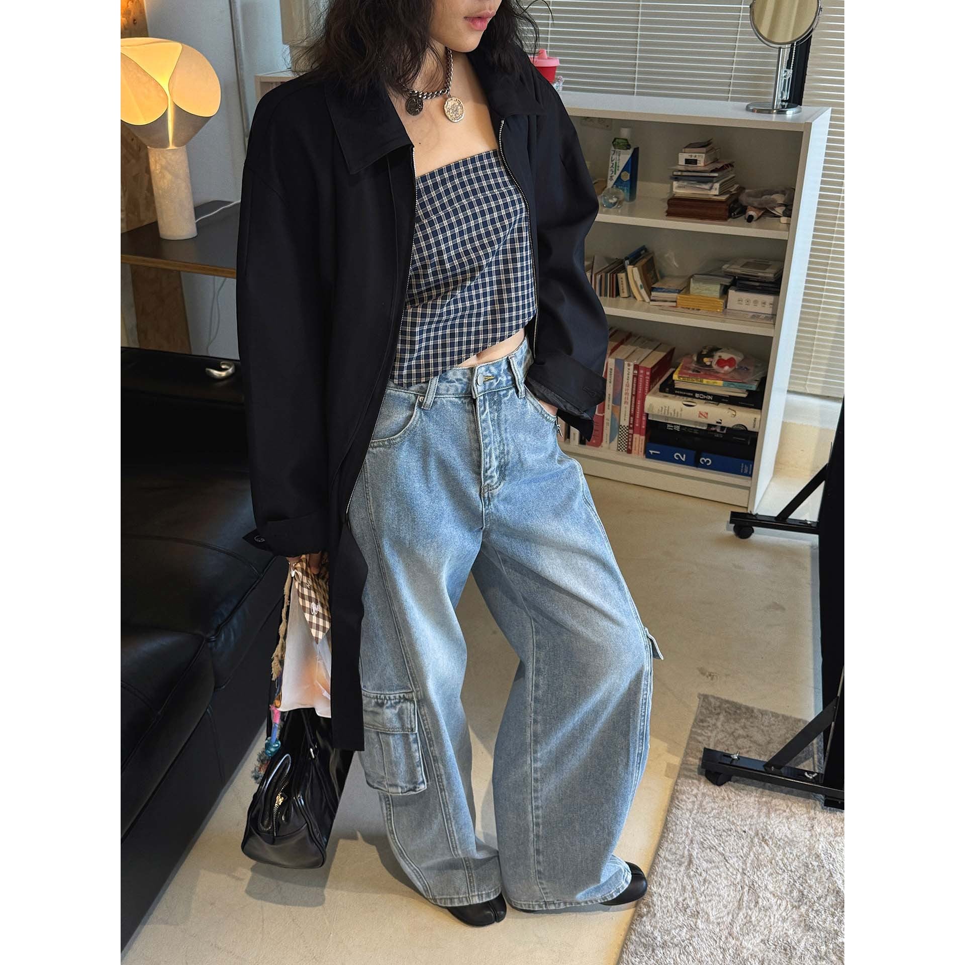 High waist vintage wash cargo wide leg jeans with utility pockets