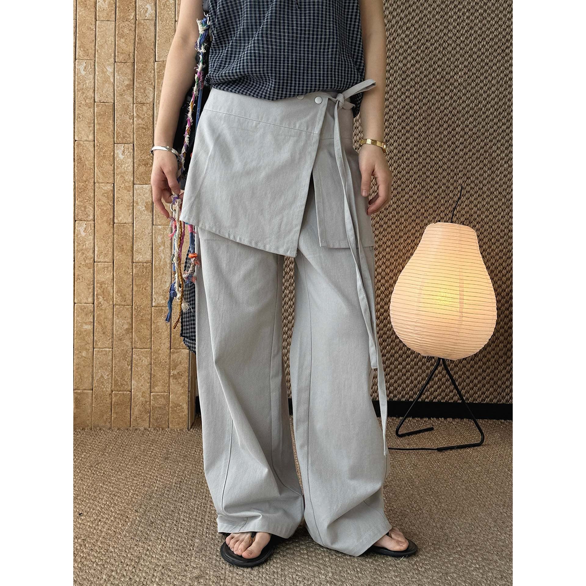 layered wrap pants high waist wide leg cotton loose trousers skirt overlay pants