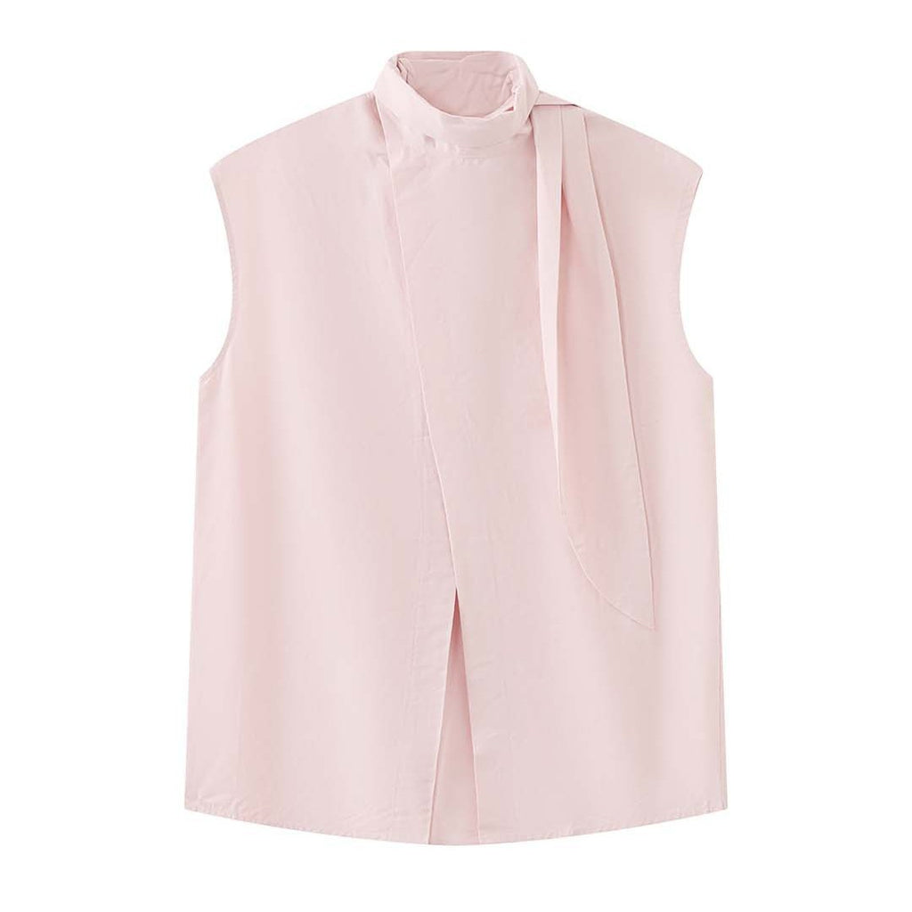 Sleeveless tie neck top women cotton linen loose summer blouse