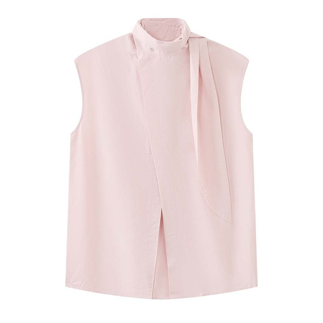 Sleeveless tie neck top women cotton linen loose summer blouse