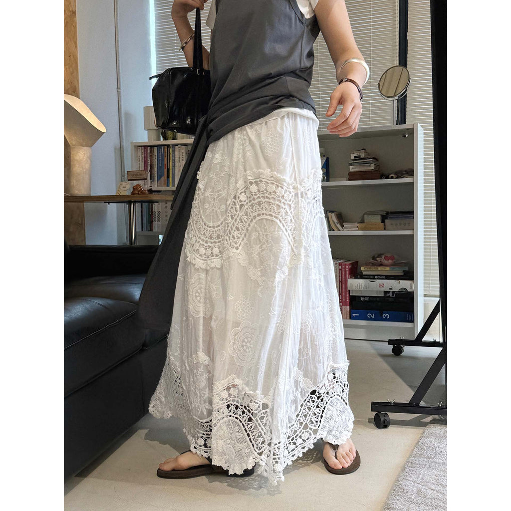 Boho lace embroidered maxi skirt with flowy silhouette and soft lining