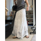 Boho lace embroidered maxi skirt with flowy silhouette and soft lining