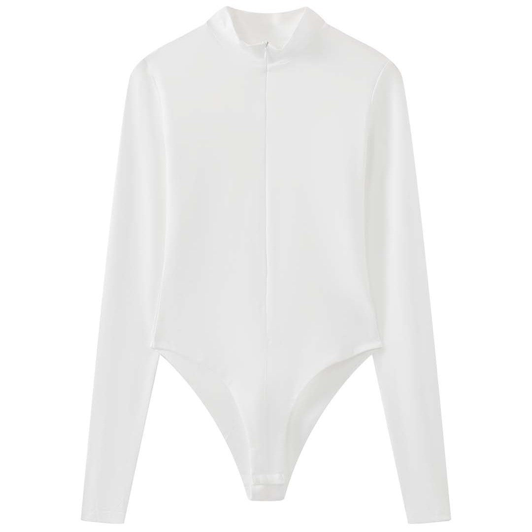 Slim fit stand collar zip long sleeve bodysuit