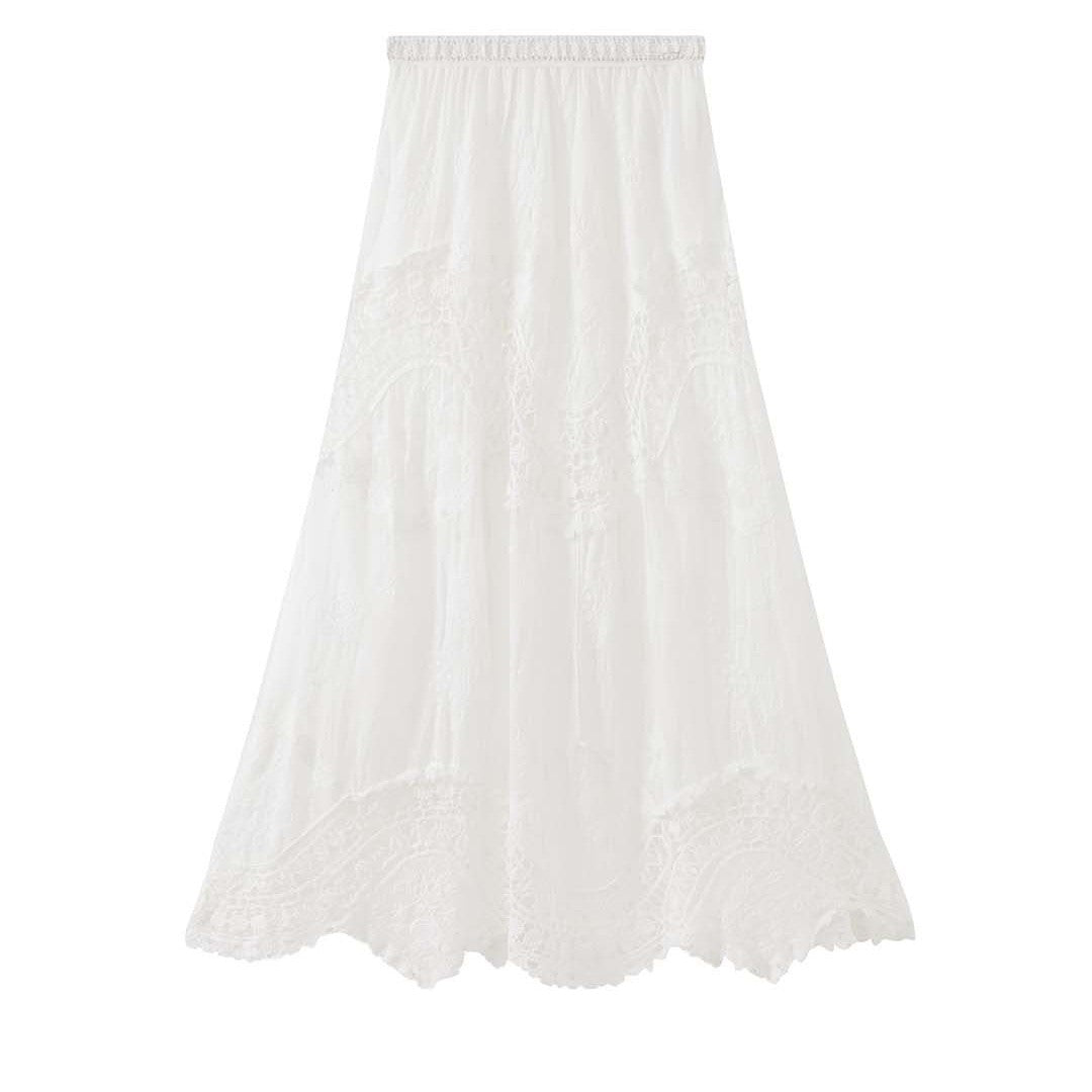 Boho lace embroidered maxi skirt with flowy silhouette and soft lining