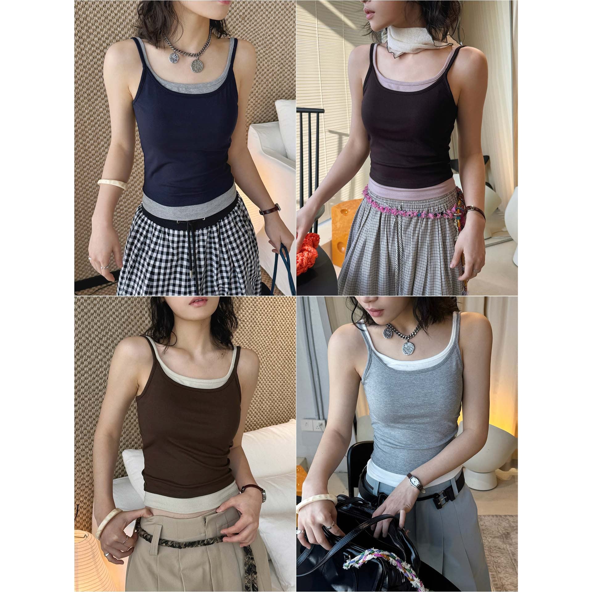 Layered slim fit tank top with stretch fabric and contrast trim