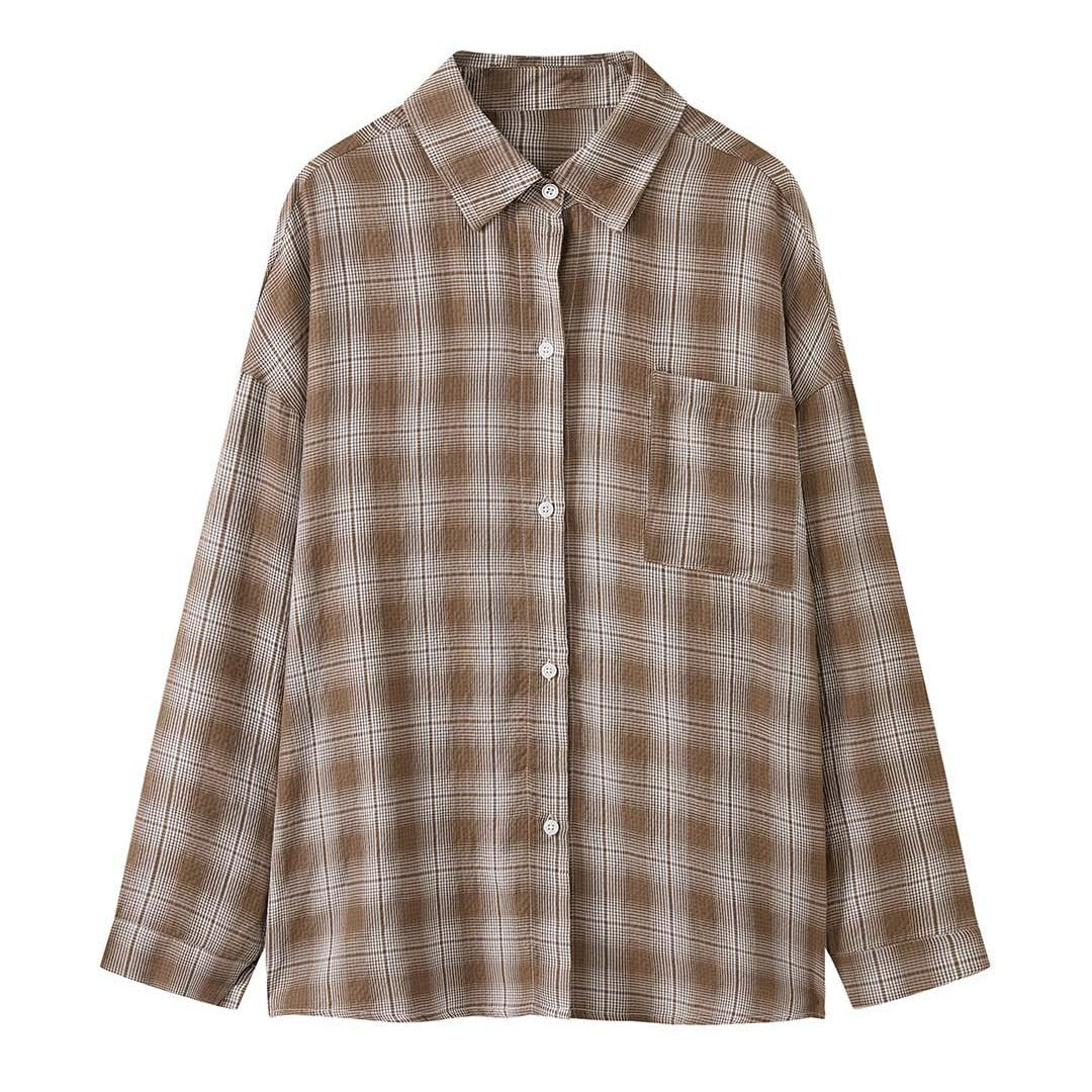 Vintage plaid cotton shirt loose long sleeve casual button down blouse