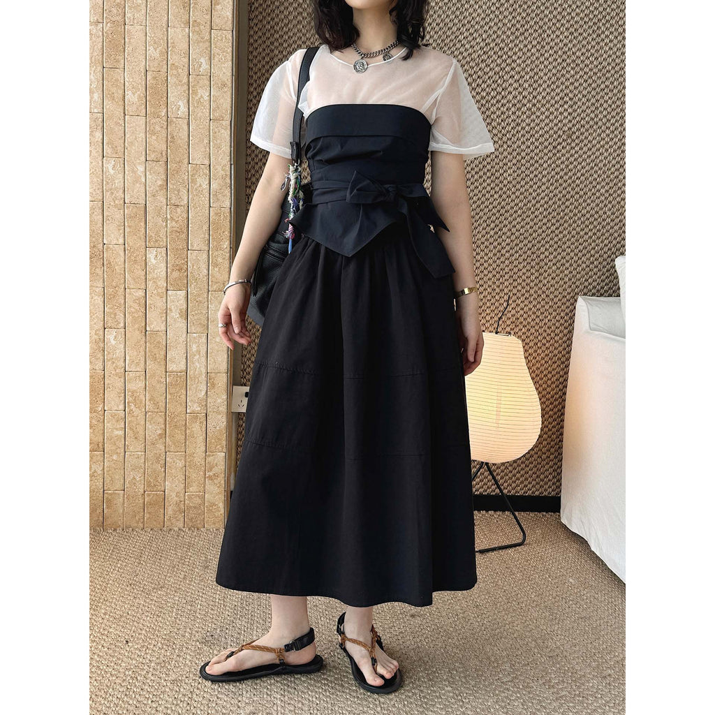 long skirt high waist elastic waist cotton a line midi skirt loose casual solid color skirt