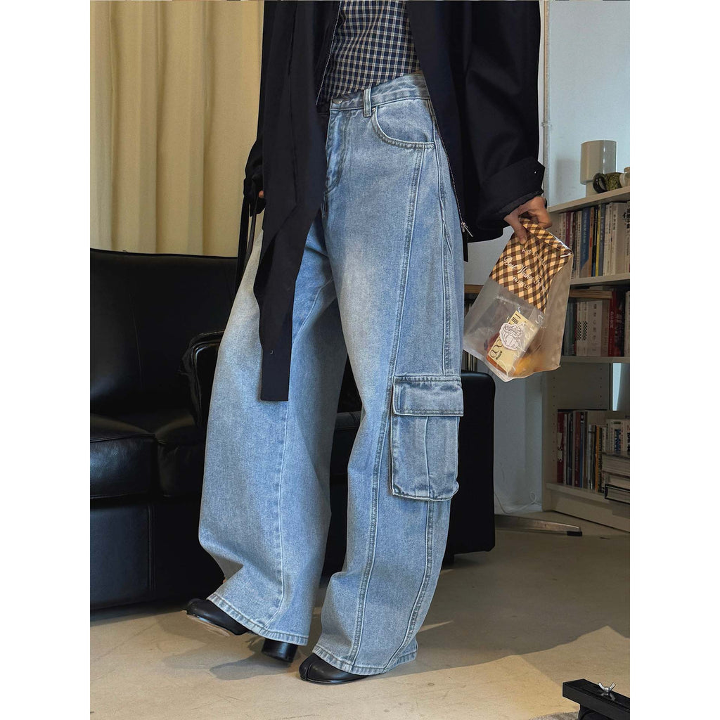 High waist vintage wash cargo wide leg jeans with utility pockets