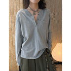 Loose fit v neck long sleeve button shirt top