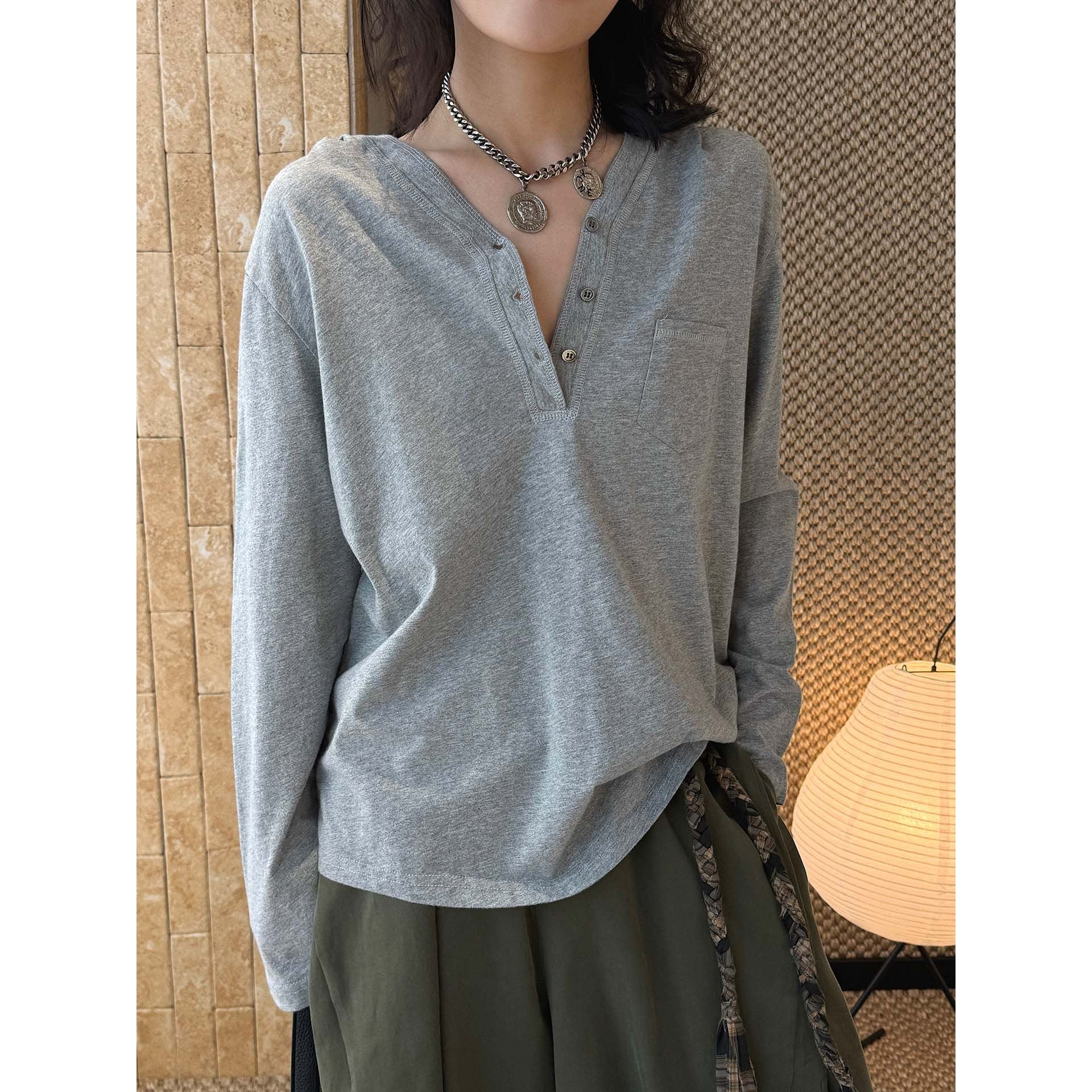 Loose fit v neck long sleeve button shirt top