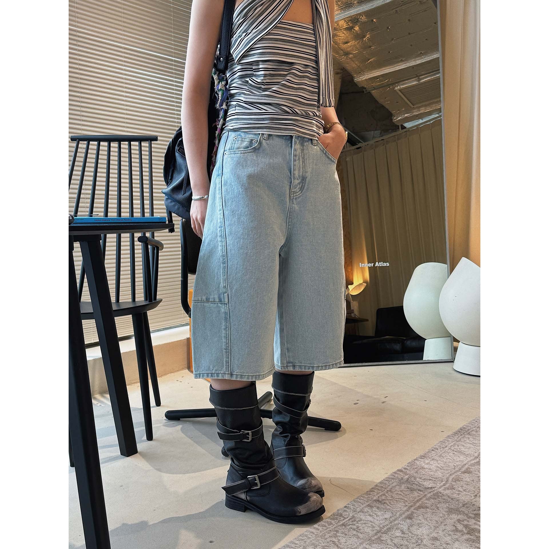 High Waist Cotton Denim Bermuda Shorts Loose Fit Wide Leg Casual Vintage Jeans