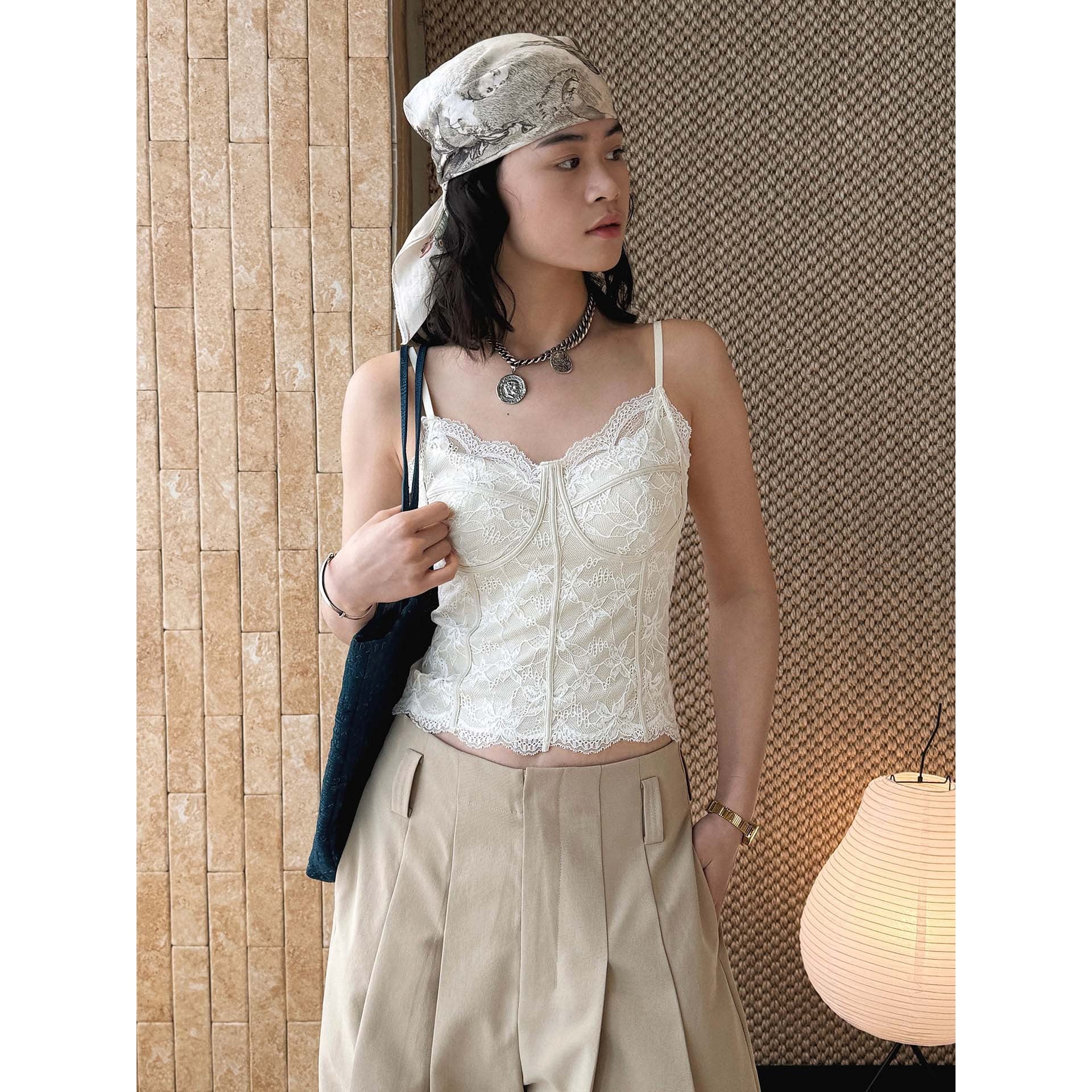 Lace cami top women slim fit corset style spaghetti strap sexy tank top