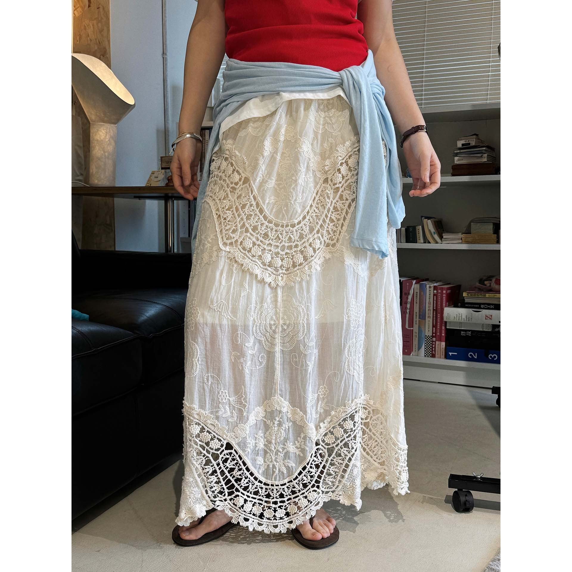 Boho lace embroidered maxi skirt with flowy silhouette and soft lining