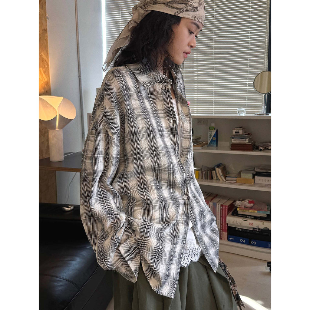 Vintage plaid cotton shirt loose long sleeve casual button down blouse