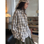 Vintage plaid cotton shirt loose long sleeve casual button down blouse