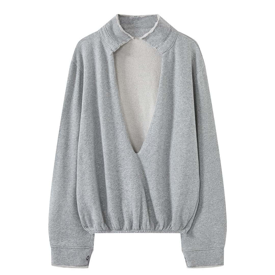 Oversized V-neck pullover sweatshirt with raw edge collar and relaxed fit