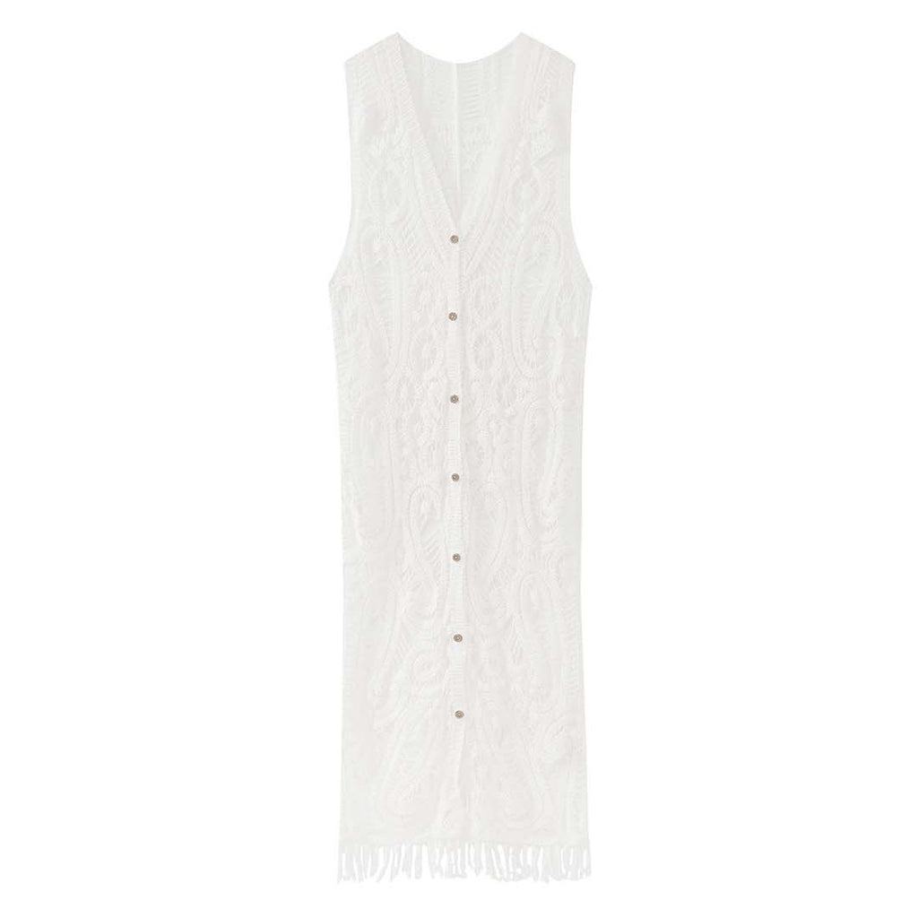 sleeveless long vest lace knit cardigan v neck button down hollow out lightweight layering top