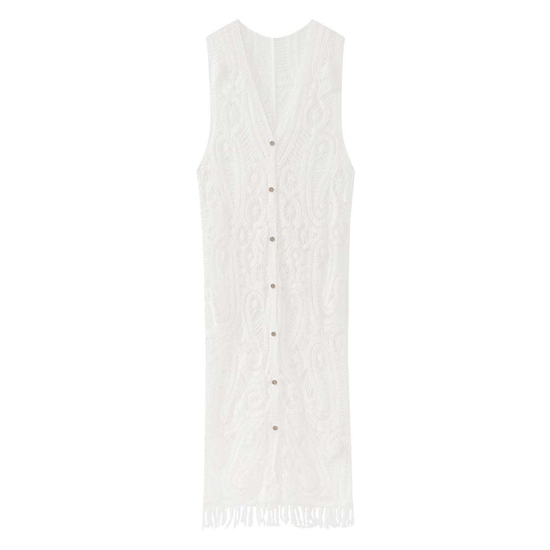sleeveless long vest lace knit cardigan v neck button down hollow out lightweight layering top