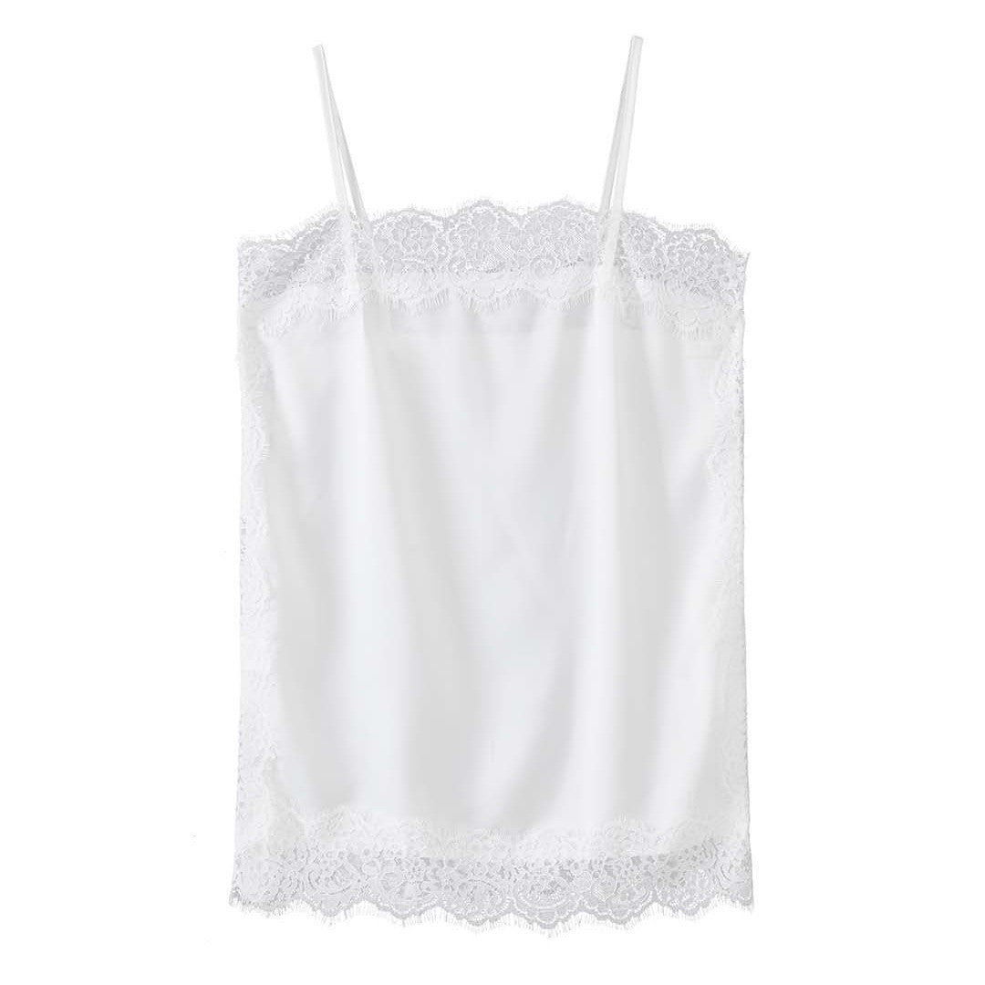 Lace trim cami top with silky stretch fabric for layering or solo wear