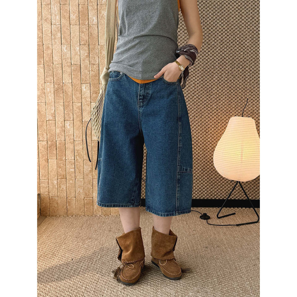 High Waist Cotton Denim Bermuda Shorts Loose Fit Wide Leg Casual Vintage Jeans
