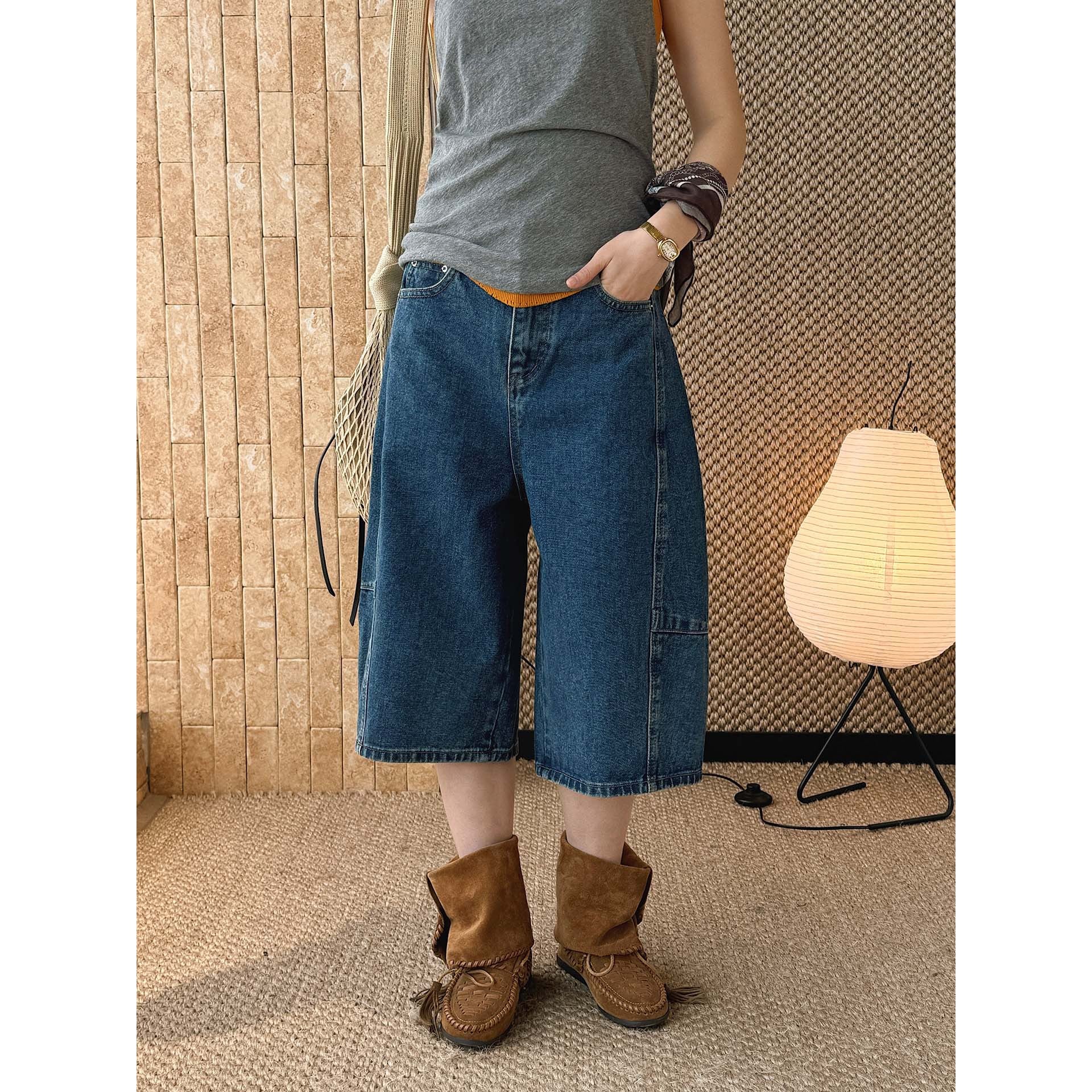 High Waist Cotton Denim Bermuda Shorts Loose Fit Wide Leg Casual Vintage Jeans