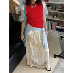 Boho lace embroidered maxi skirt with flowy silhouette and soft lining