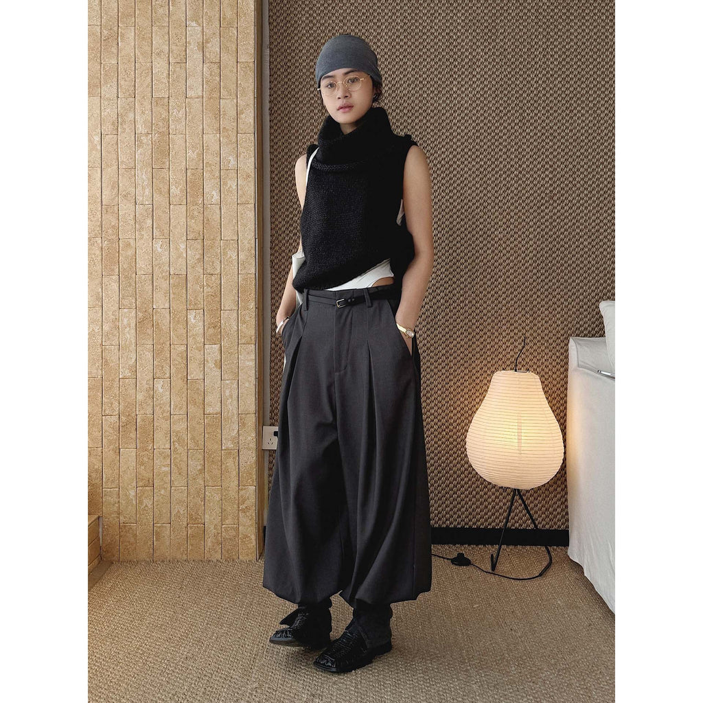 High waist pleated loose fit tapered cuff pants