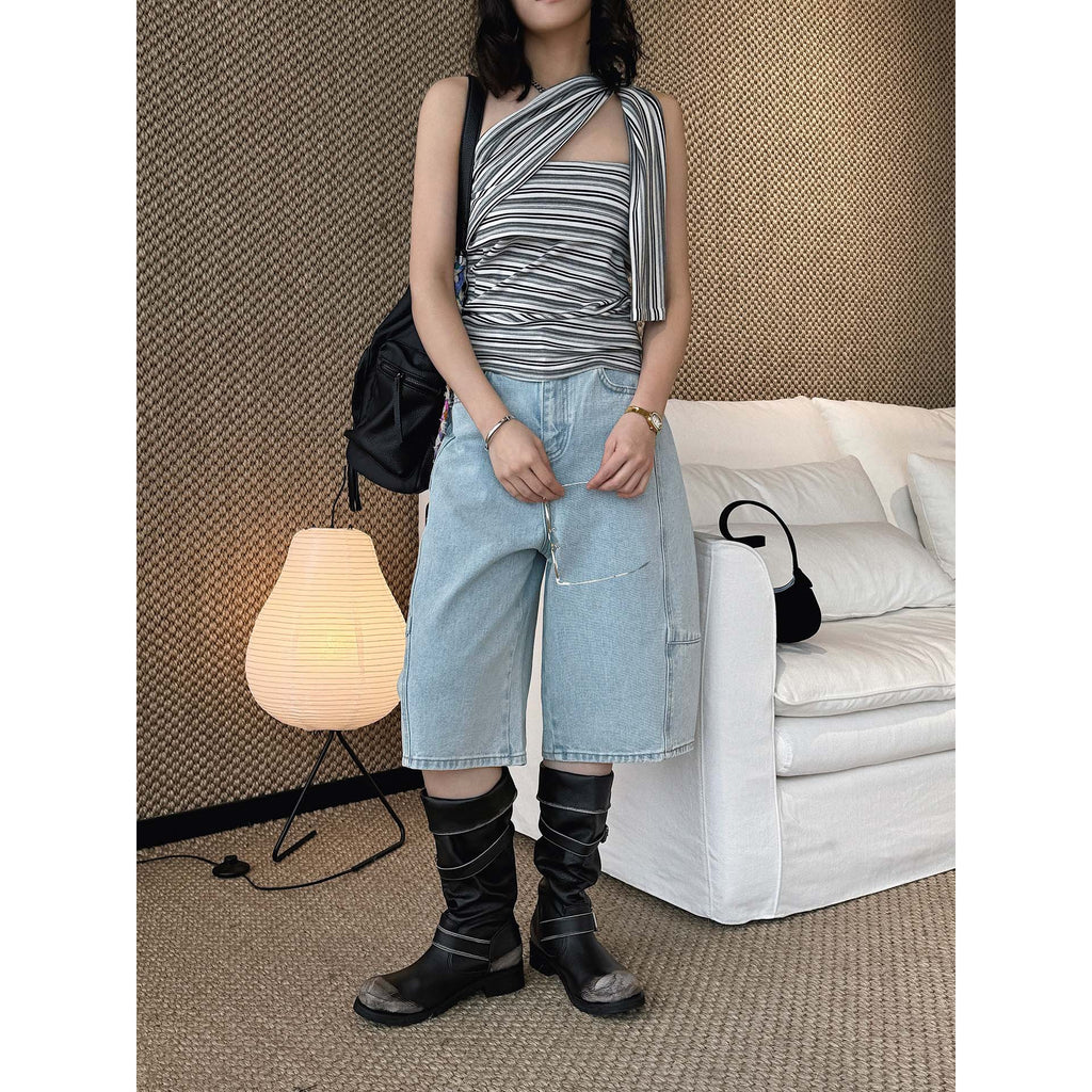High Waist Cotton Denim Bermuda Shorts Loose Fit Wide Leg Casual Vintage Jeans