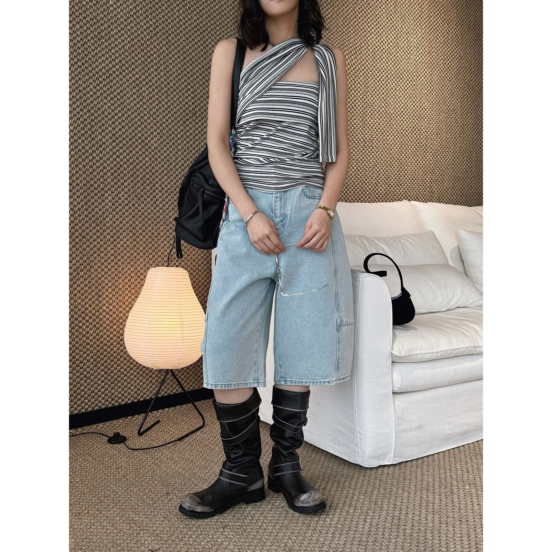 High Waist Cotton Denim Bermuda Shorts Loose Fit Wide Leg Casual Vintage Jeans