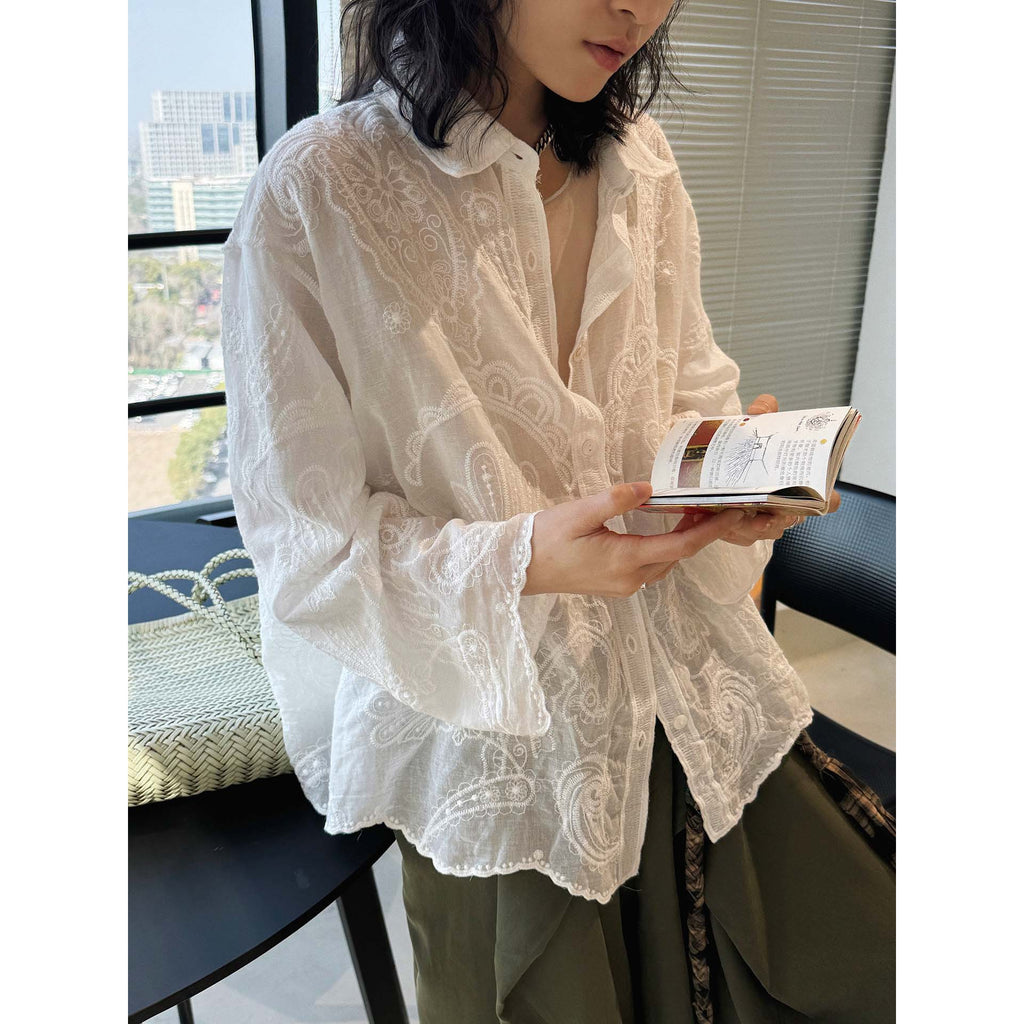 White embroidered cotton blouse loose long sleeve sheer lace shirt women
