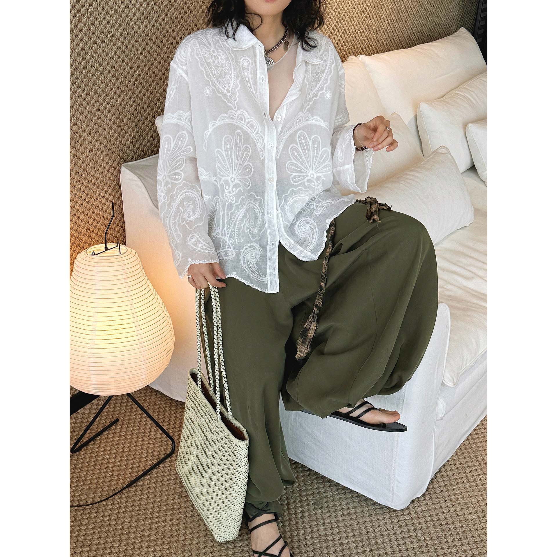 White embroidered cotton blouse loose long sleeve sheer lace shirt women