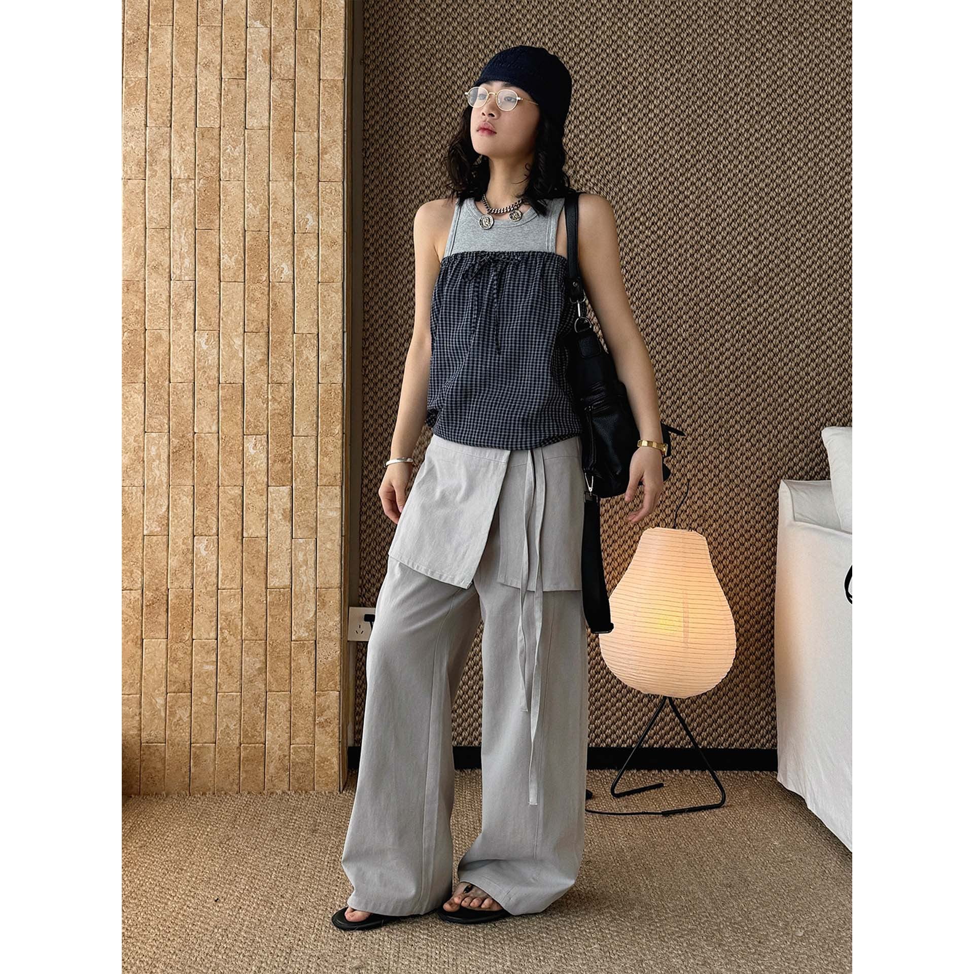 layered wrap pants high waist wide leg cotton loose trousers skirt overlay pants