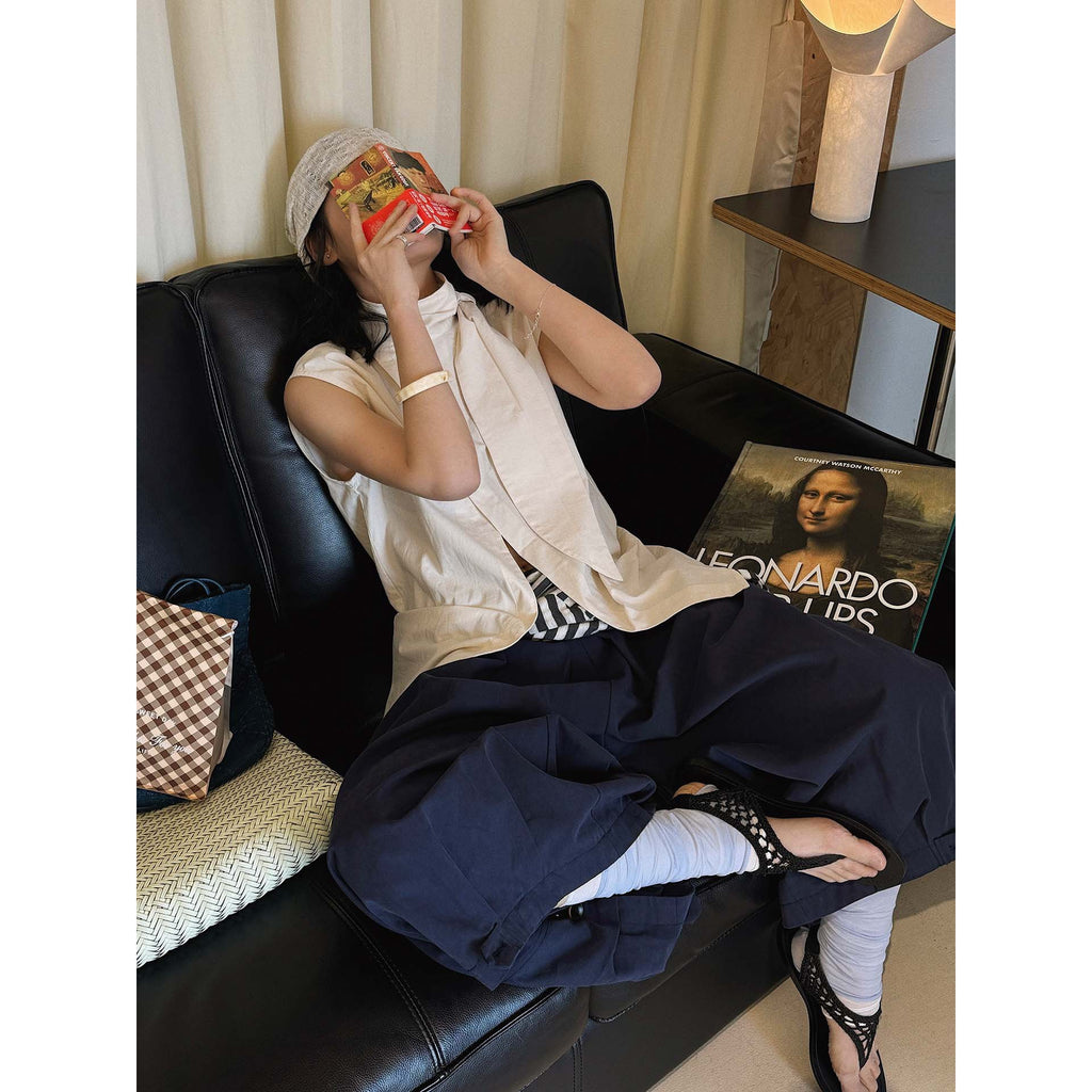 Sleeveless tie neck top women cotton linen loose summer blouse