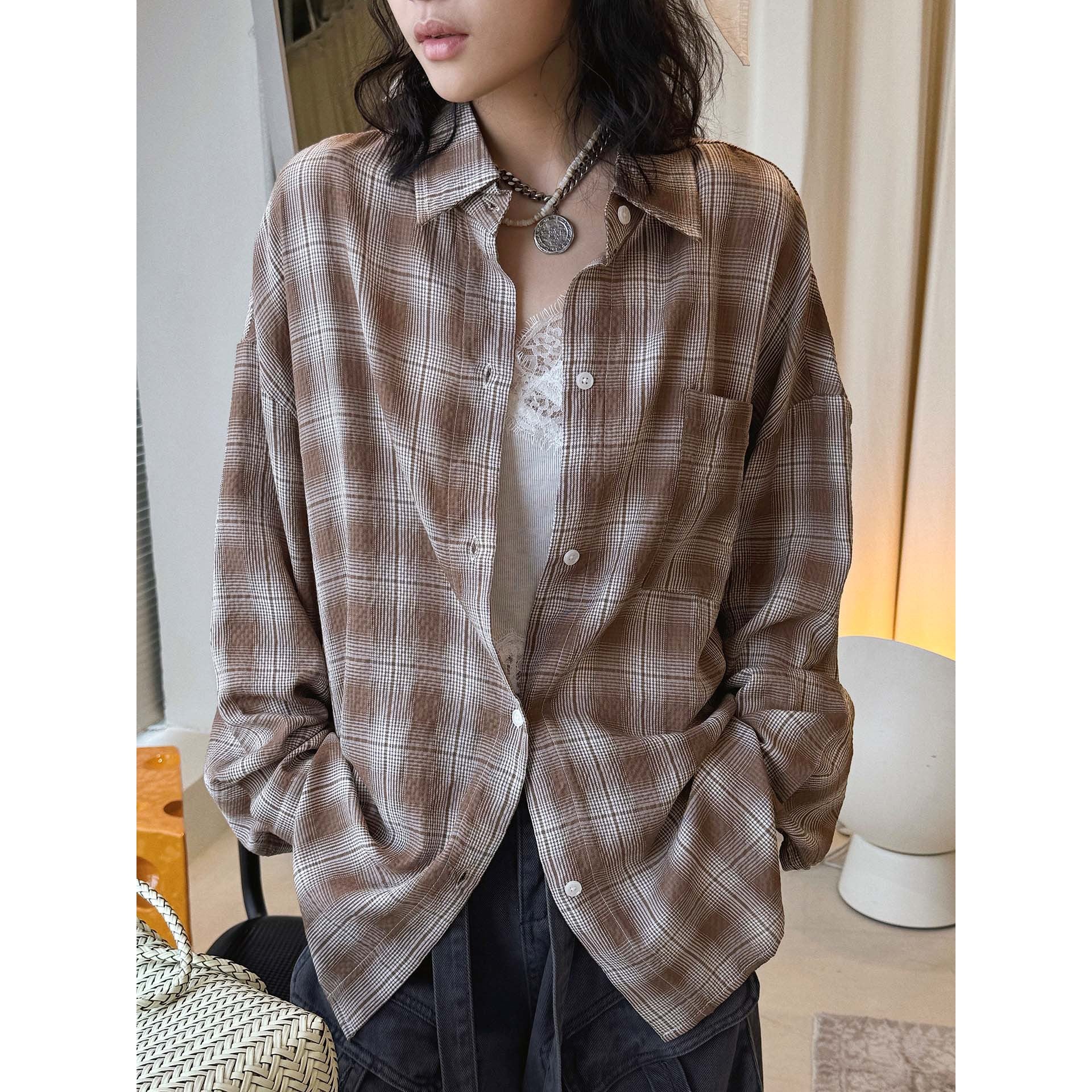 Vintage plaid cotton shirt loose long sleeve casual button down blouse