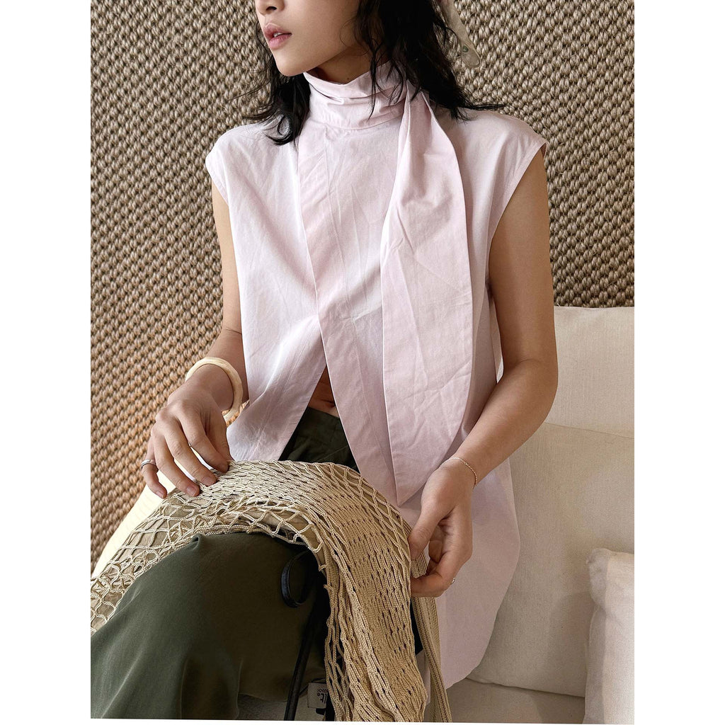 Sleeveless tie neck top women cotton linen loose summer blouse