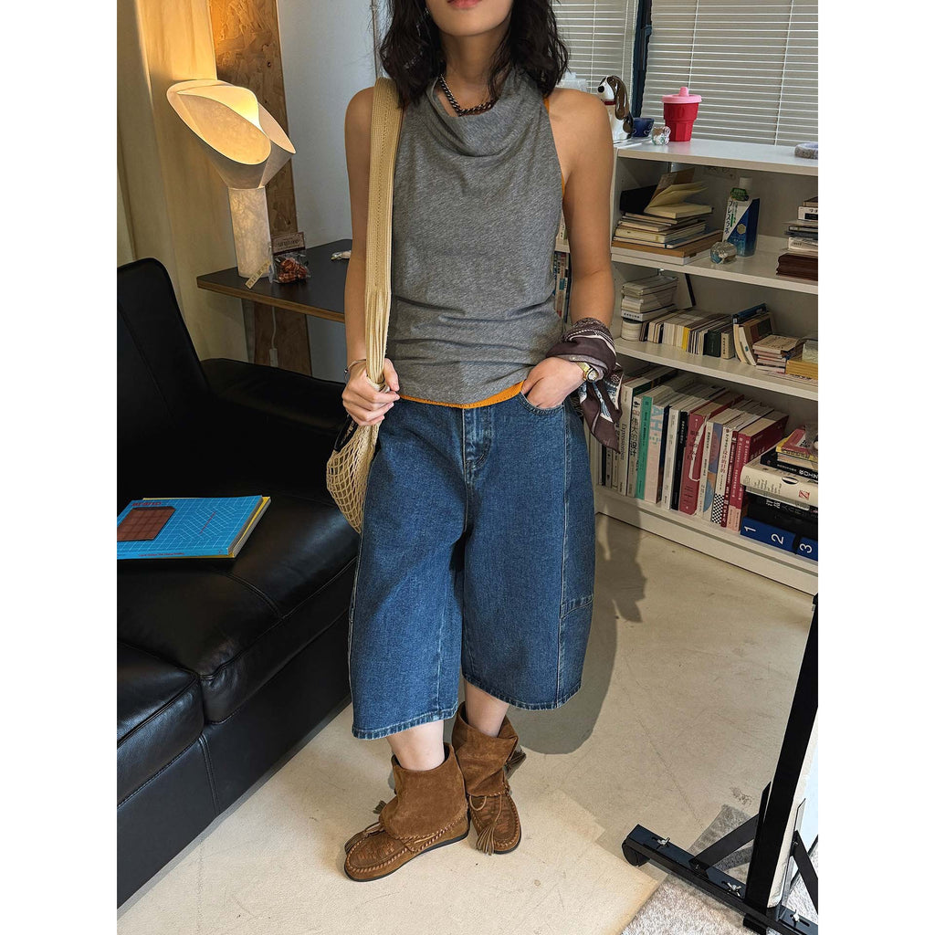 High Waist Cotton Denim Bermuda Shorts Loose Fit Wide Leg Casual Vintage Jeans