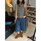 High Waist Cotton Denim Bermuda Shorts Loose Fit Wide Leg Casual Vintage Jeans