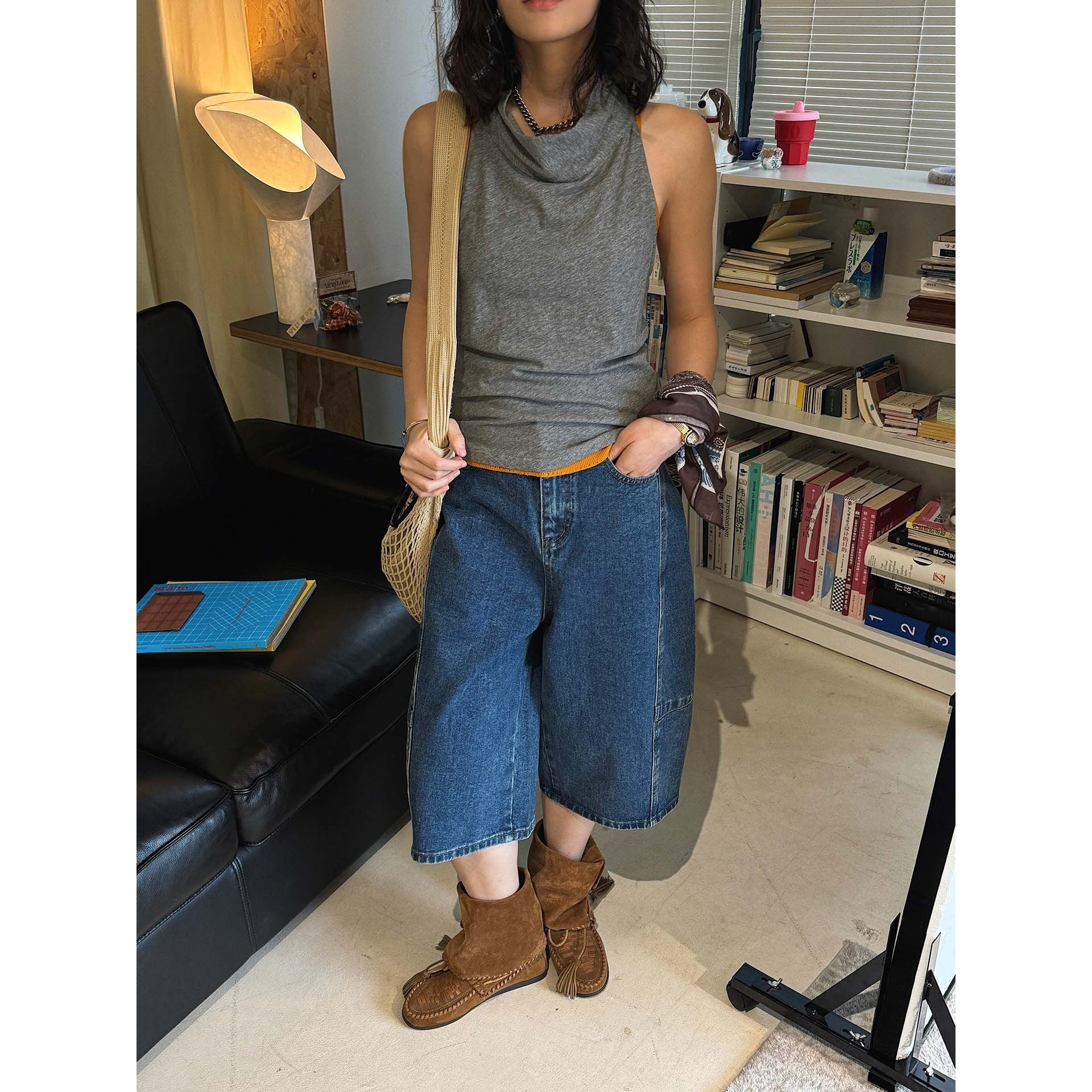 High Waist Cotton Denim Bermuda Shorts Loose Fit Wide Leg Casual Vintage Jeans