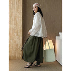 White embroidered cotton blouse loose long sleeve sheer lace shirt women