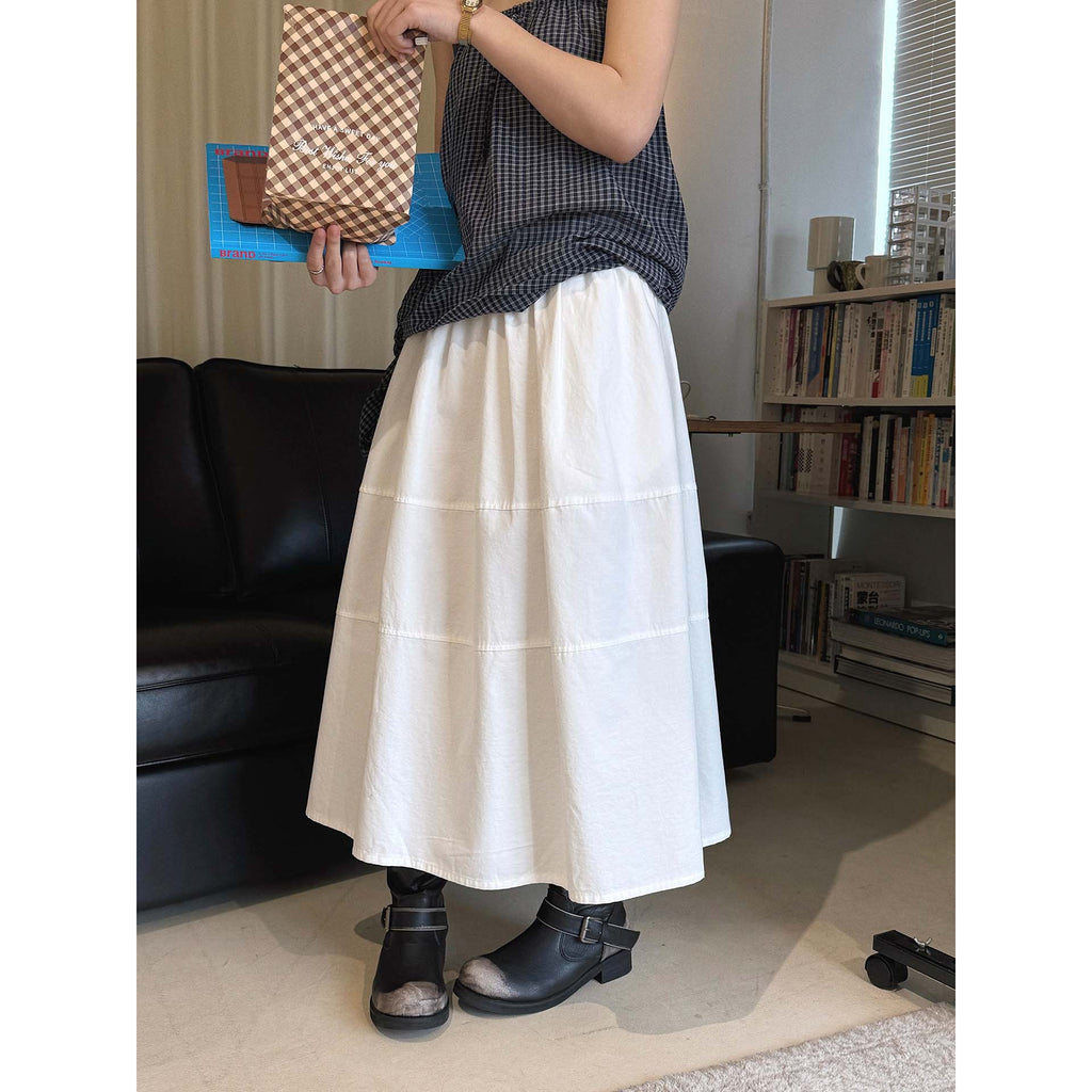 long skirt high waist elastic waist cotton a line midi skirt loose casual solid color skirt
