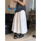 long skirt high waist elastic waist cotton a line midi skirt loose casual solid color skirt