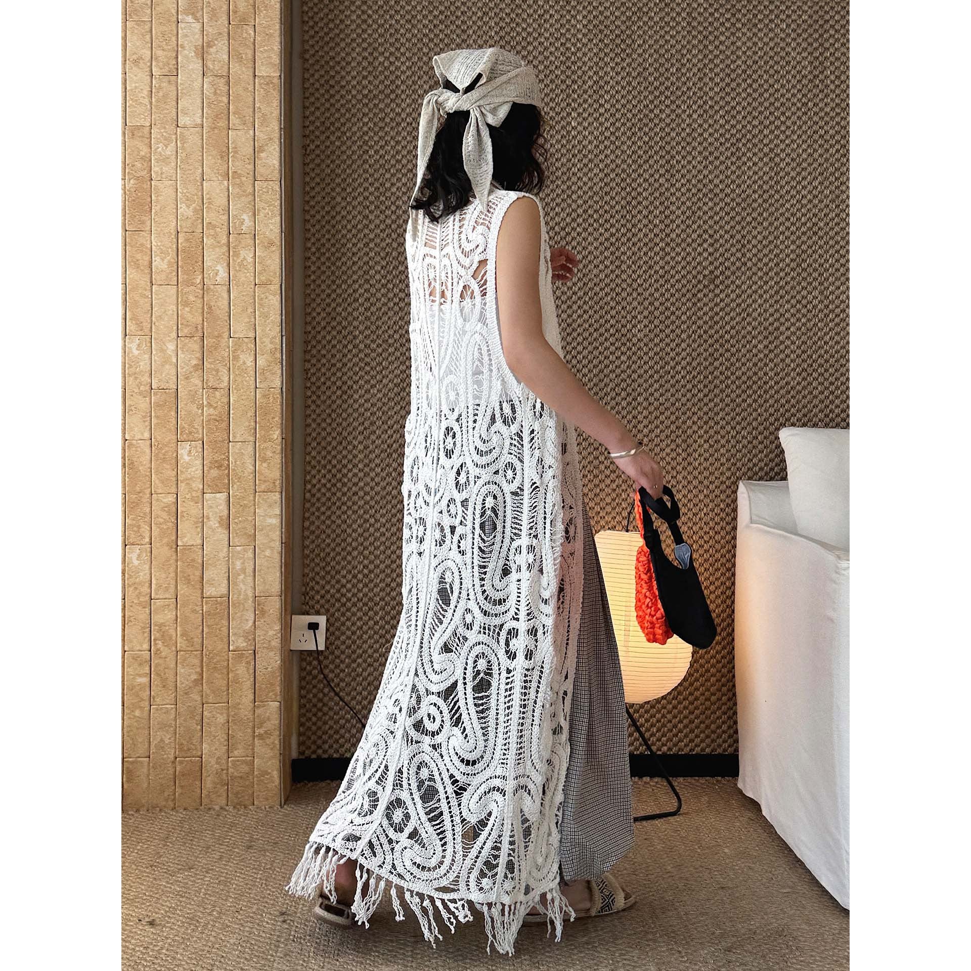 sleeveless long vest lace knit cardigan v neck button down hollow out lightweight layering top